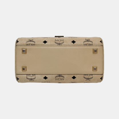 MCM ESSENTIAL Beige Coated Canvas Monogram Single Shoulder Bag Handbag Crossbody Golden hardware Removable shoulder strap-(SKU)-941521981