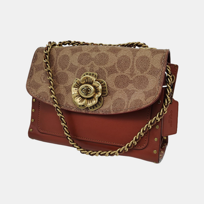 COACH PARKER 18 Brown Coated Canvas Monogrammed Studs Crossbody Shoulder Bag Golden hardware-(SKU)-944285676