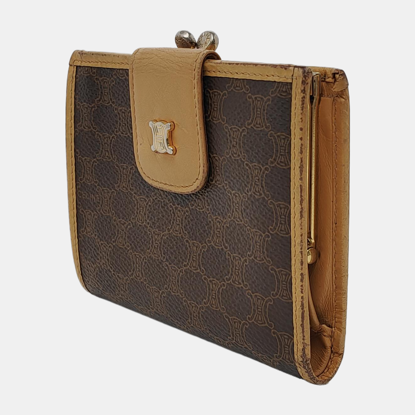 CELINE Dark Brown Coated Canvas Triumph Wallet Golden hardware-(SKU)-942990685