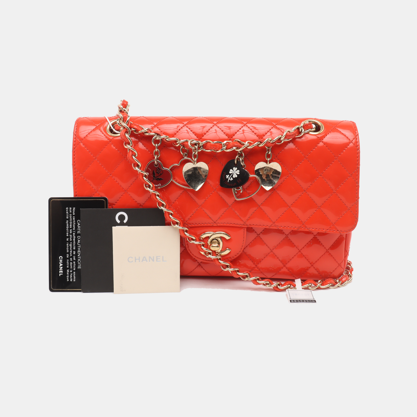 CHANEL CLASSIC FLAP medium size red patent leather quilted shoulder bag with 13 chain links, gold and black and red hardware-(SKU)-931805399