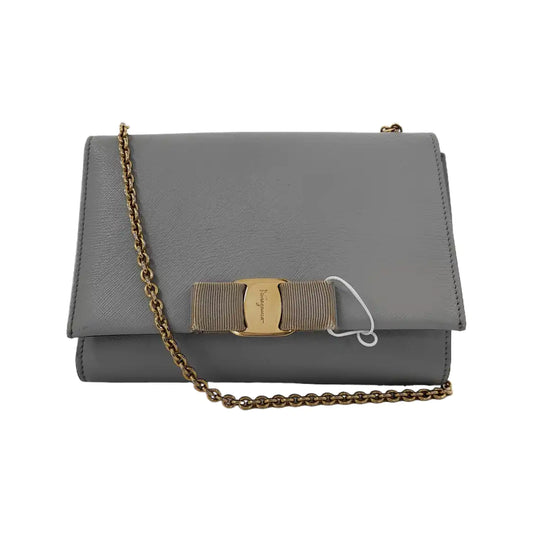 FERRAGAMO Ginny Grey Leather Crossbody Single Shoulder Bag Golden hardware-(SKU)-944502659