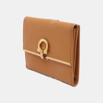 FERRAGAMO Gancio Brown Leather Embossed Wallet Golden hardware-(SKU)-13699492