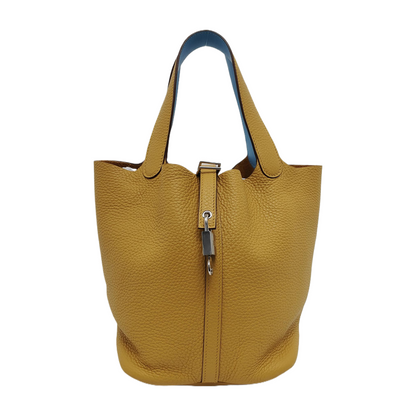 HERMÈS Picotin Lock 22 Yellow Clemence Calfskin Basket Handbag with Silver Hardware and C Stamp-(SKU)-946053978