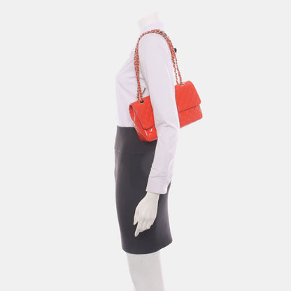 CHANEL CLASSIC FLAP medium size red patent leather quilted shoulder bag with 13 chain links, gold and black and red hardware-(SKU)-931805399