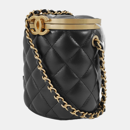 CHANEL CROWN BOX VANITY Small-sized Black Lamb Skin Quilted Monogram Crossbody Bag Shoulder Bag Golden Hardware-(SKU)-945181171