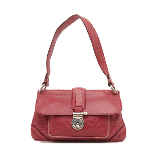 BURBERRY Red Cowhide Embossed Shoulder Bag Tote Silver Hardware-(SKU)-928563763