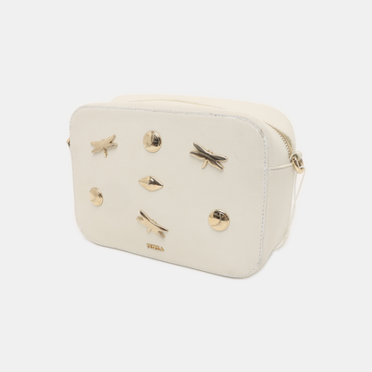 FURLA White Leather Studs Shoulder Bag Golden hardware Removable shoulder strap-(SKU)-939909071