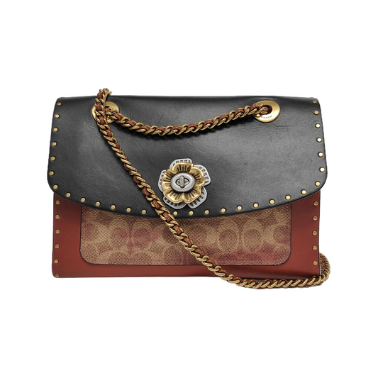 COACH PARKER 26 Black Calfskin Leather Monogrammed Stud Single Shoulder Bag with Crossbody Golden Silver Hardware-(SKU)-942966572