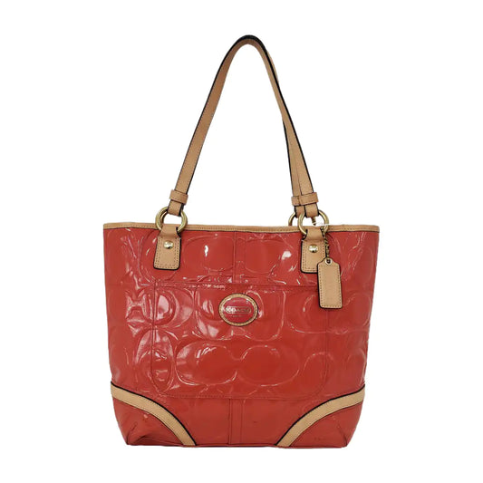 COACH Tote bag Orange Leather Old Flower Embossed Single Shoulder Bag Golden hardware-(SKU)-943933653