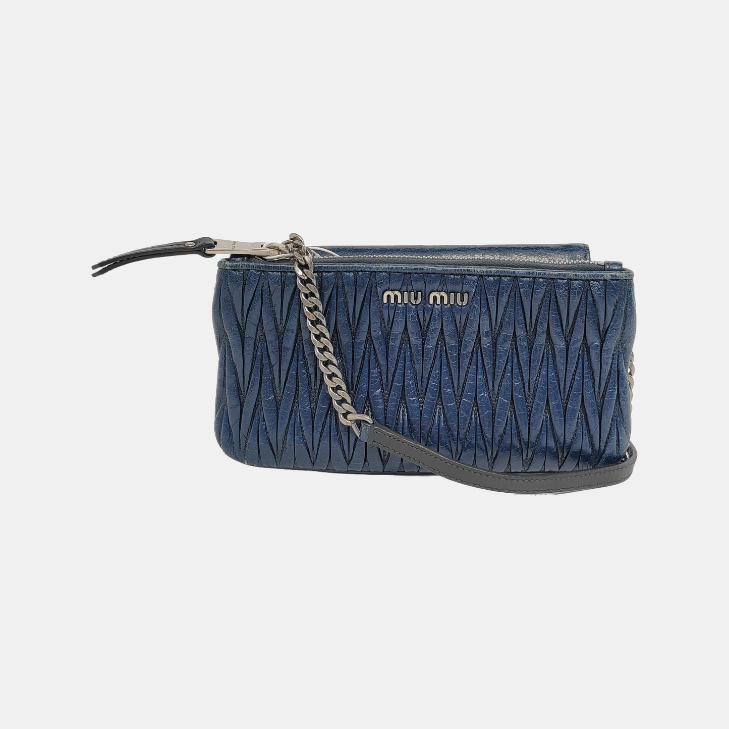 Miu Miu Dark Blue Cowhide Quilted Single Shoulder Bag Crossbody Bag Silver Hardware Removable shoulder strap-(SKU)-945298168