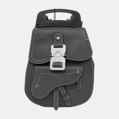 DIOR Gallop Mini Dark Gray Leather Saddle Bag Backpack with Silver Hardware Removable Strap-(SKU)-943857076