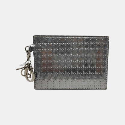 DIOR Lady Dior Silver Patent Leather Woven Quilted Diagonal Card Case Silver Hardware-(SKU)-941217354