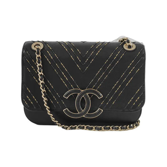 CHANEL THREAD AROUND Black Lamb Leather Quilted V-Stitch Shoulder Crossbody Bag Golden Hardware 24 Openings-(SKU)-945281486