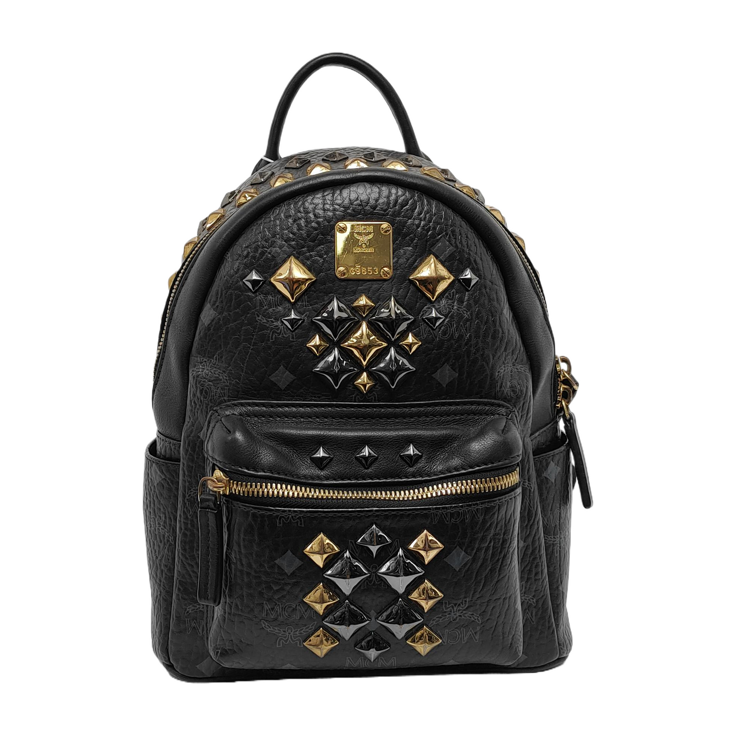 MCM STARK  mini Black Coated Canvas Monogram Studs Backpack Golden hardware-(SKU)-940746737