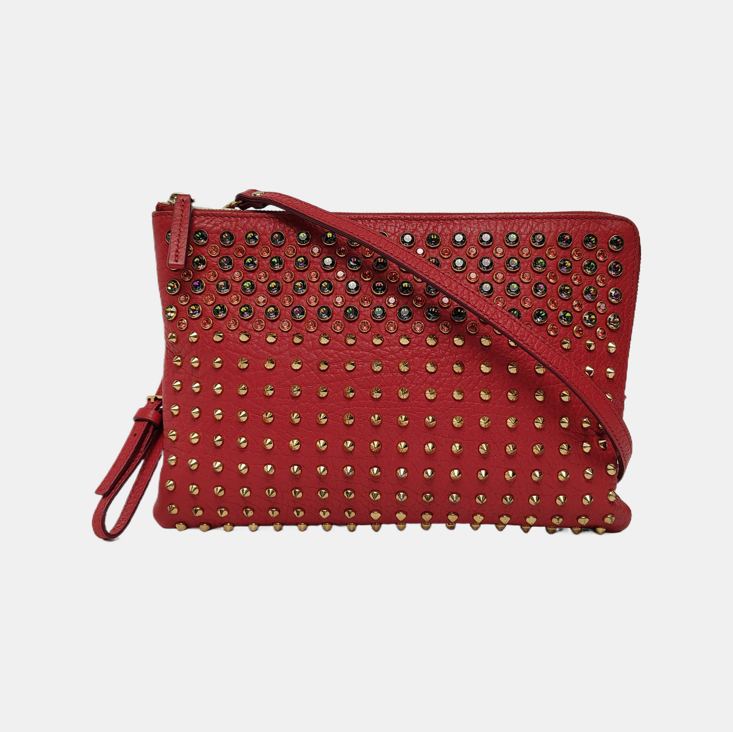 MCM Red Leather Rivet Embellished Crossbody Shoulder Bag Golden Silver Hardware Removable shoulder strap-(SKU)-942099905