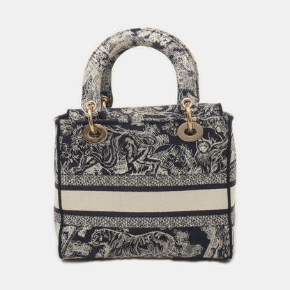 DIOR Lady D-Lite medium size blue fabric embroidered shoulder bag gold hardware detachable shoulder strap-(SKU)-934742654