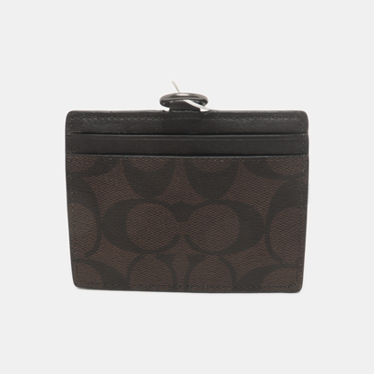 COACH Dark Brown Coated Canvas Monogrammed Card Case Black hardware-(SKU)-939413250