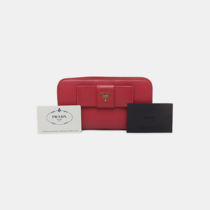 PRADA Fiocco Bow Red Leather Crosshatch Embossed Wallet Golden hardware-(SKU)-939810671