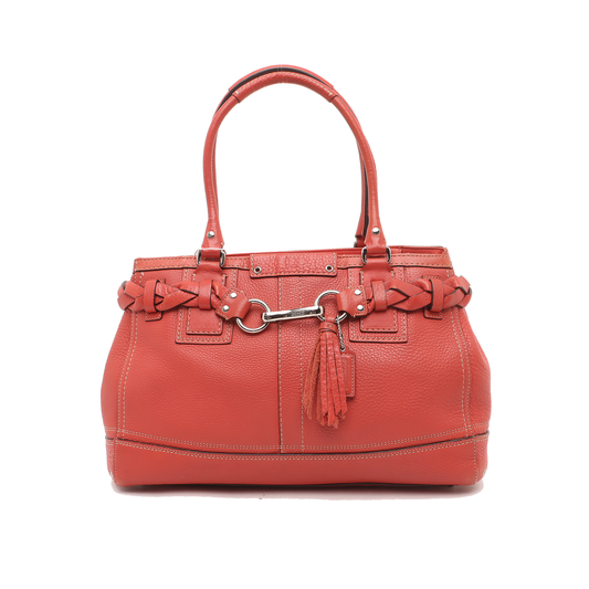 COACH HAMPTON Watermelon Red Calf Leather Fringe Weave Handbag Silver Hardware-(SKU)-928565147