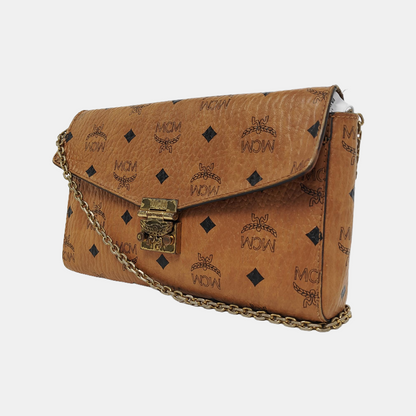 MCM MILLIE  Medium size Cognac coated canvas monogram laurel buckle shoulder bag/crossbody bag Golden hardware Removable shoulder strap-(SKU)-944137648