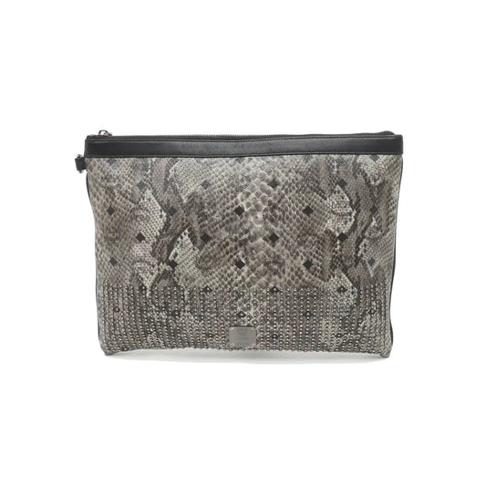 MCM Gray Coated Canvas Monogram Studs Clutch Silver Hardware-(SKU)-936462399