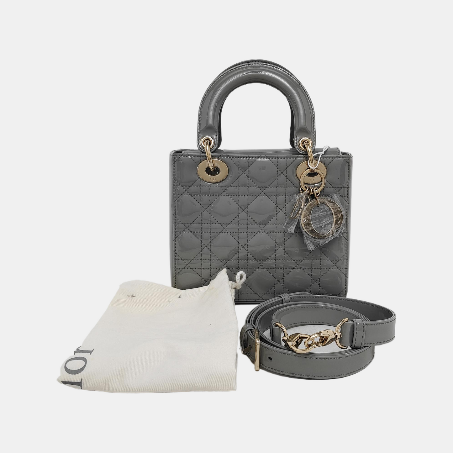 DIOR Lady Dior Small Size Blue Gray Patent Leather Cannage Quilted Diorella Shoulder Bag Tote Crossbody Bag with Detachable Strap-(SKU)-945787719