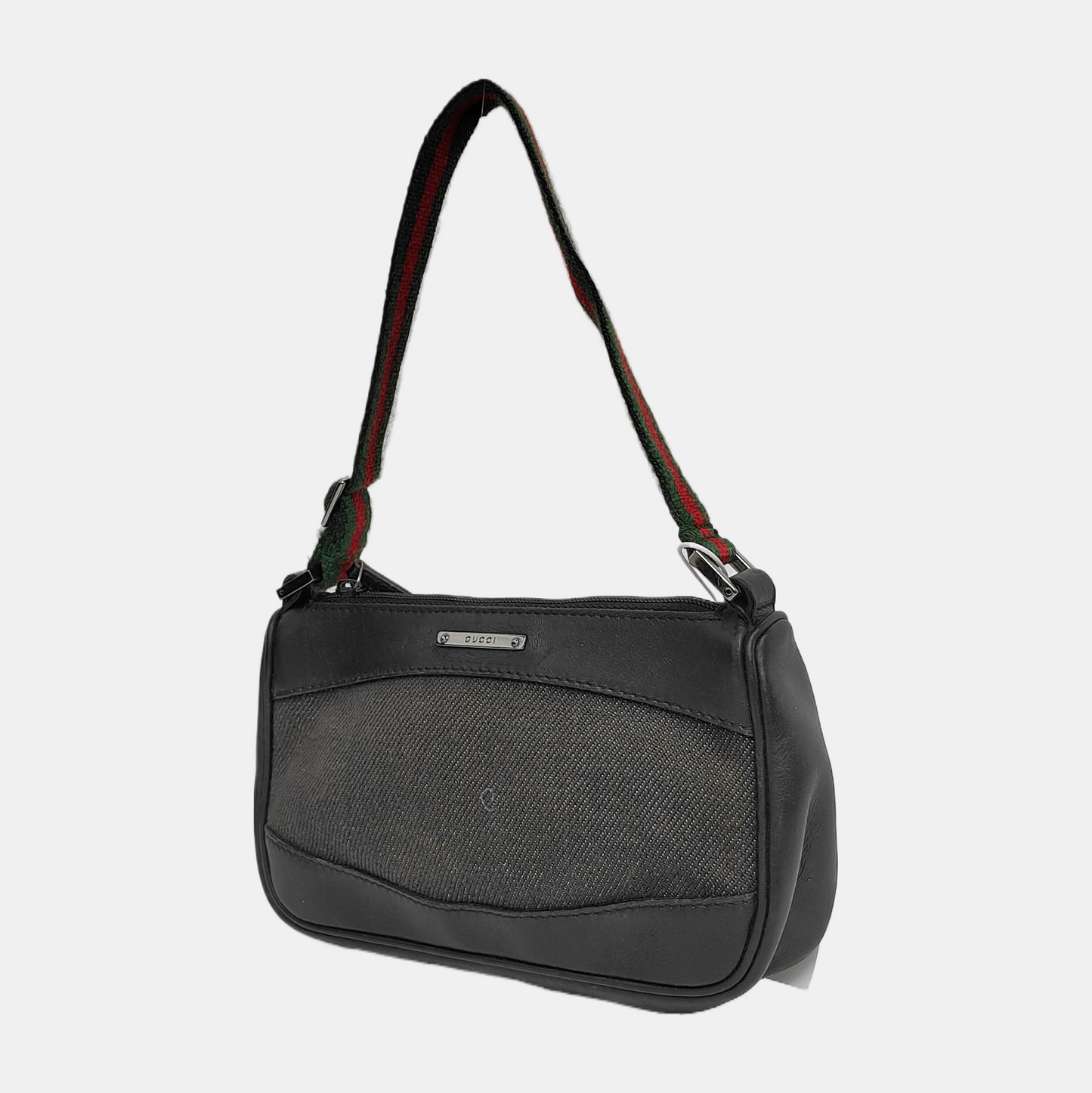 GUCCI Gray Canvas Striped Strap Handbag Single Shoulder Bag Silver Hardware-(SKU)-942429412