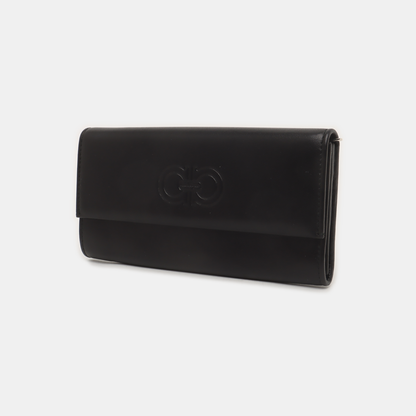 FERRAGAMO Gancini Black Lamb Leather Embossed Wallet Silver Hardware-(SKU)-939748481