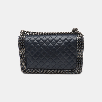 CHANEL BOY CHANEL Large Dark Blue Calfskin Quilted Shoulder Bag Backpack with Detachable Strap Rhodium Hardware 21 Compartments-(SKU)-931094440