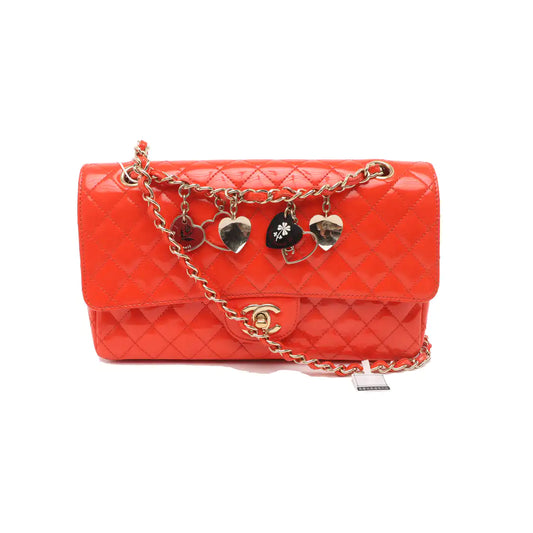 CHANEL CLASSIC FLAP medium size red patent leather quilted shoulder bag with 13 chain links, gold and black and red hardware-(SKU)-931805399