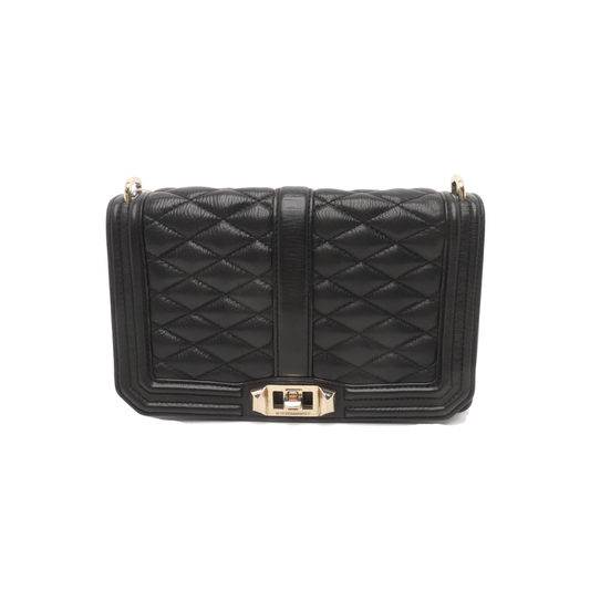 REBECCA MINKOFF Love  Black leather quilted crossbody single shoulder bag Golden hardware Removable shoulder strap-(SKU)-935256767