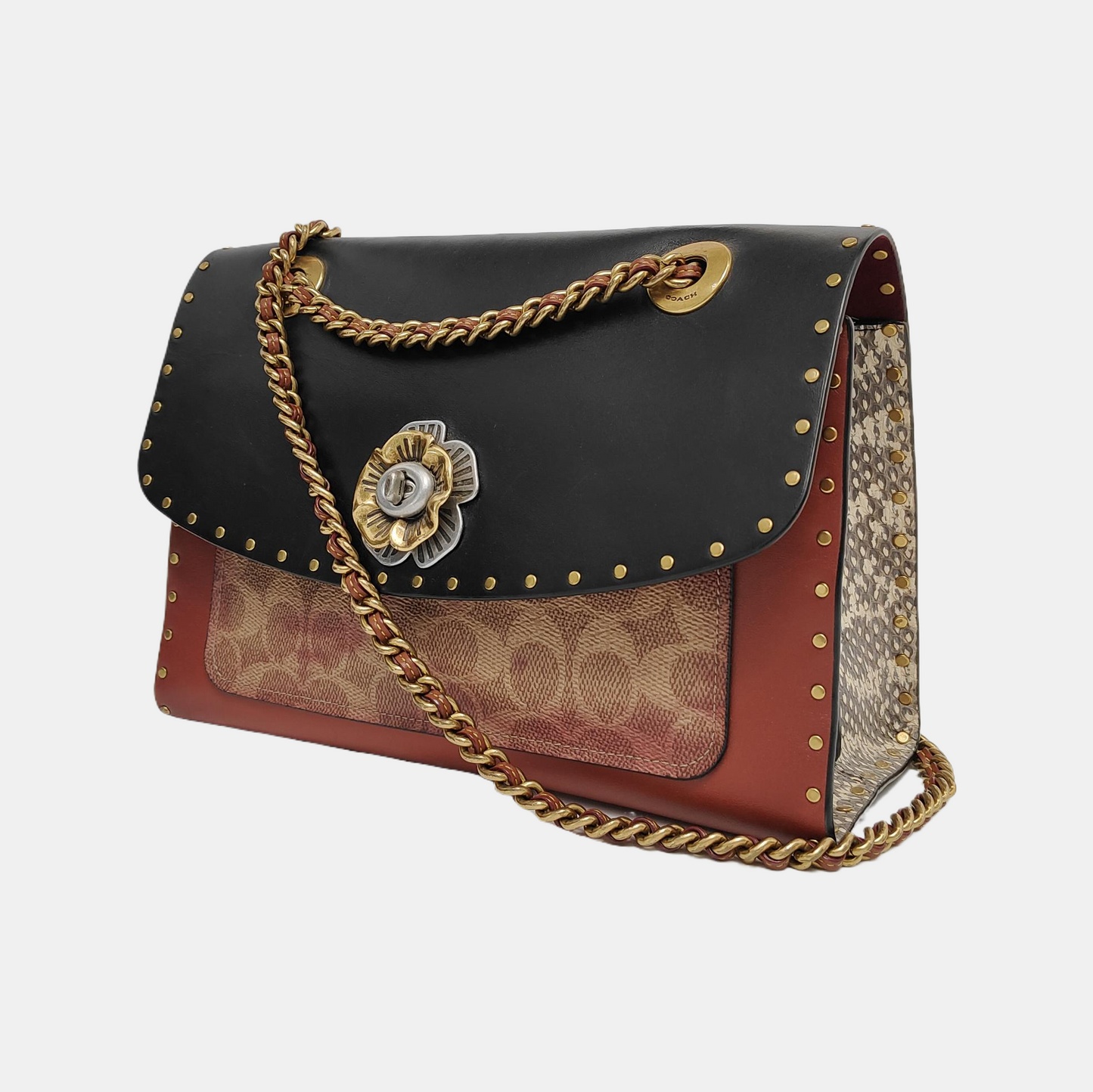 COACH PARKER 26 Black Calfskin Leather Monogrammed Stud Single Shoulder Bag with Crossbody Golden Silver Hardware-(SKU)-942966572