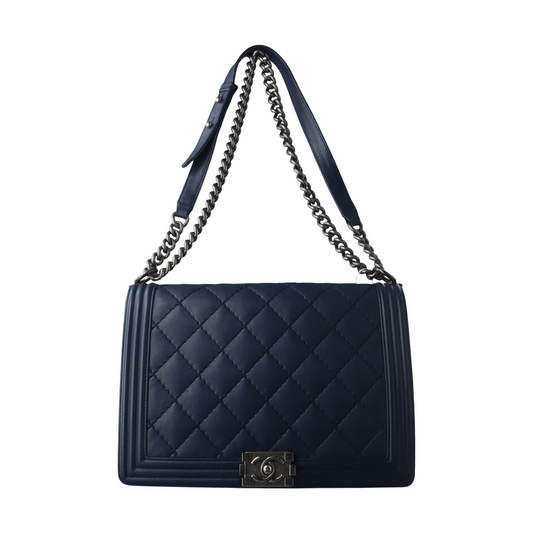 CHANEL BOY CHANEL Maxi Extra Large Blue Calfskin Quilted Crossbody Bag with Palladium Hardware, 19 Clasp, Detachable Strap-(SKU)-14067542