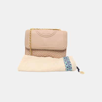 TORY BURCH Fleming Small size Nude Pink Cowhide Quilted Fringe Shoulder Bag Crossbody Golden hardware-(SKU)-14255932