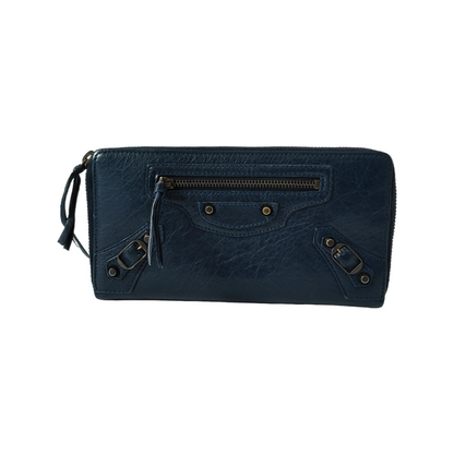 BALENCIAGA Classic City Dark blue cowhide studded biker bag wallet Golden hardware-(SKU)-942566519