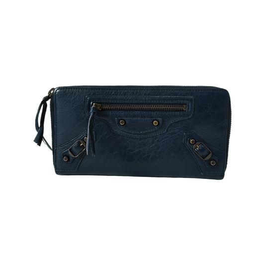 BALENCIAGA Classic City Dark blue cowhide studded biker bag wallet Golden hardware-(SKU)-942566519