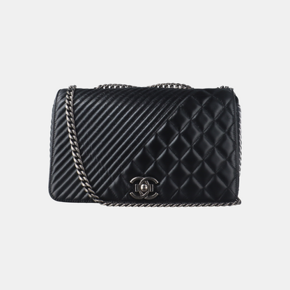 CHANEL COCO BOY Black Quilted Calfskin Leather Crossbody Shoulder Bag Palladium Hardware 20 Clasp-(SKU)-14466373