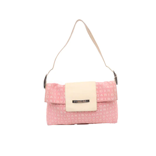BVLGARI LA MANIE DES LOGOS Pink Canvas Jacquard Crossbody Shoulder Bag Silver Hardware Removable shoulder strap-(SKU)-13296603