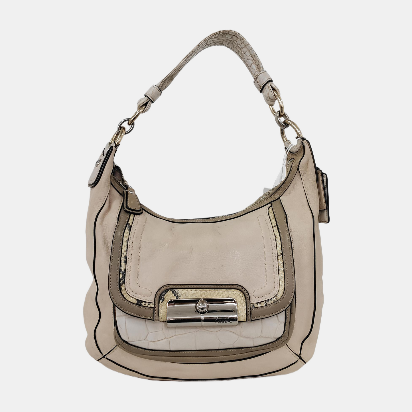 COACH Beige Leather Stamped Single Shoulder Bag Handbag Silver Hardware-(SKU)-943932252