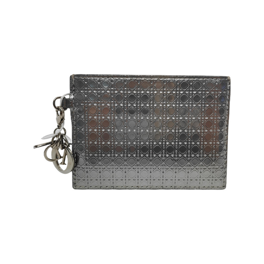 DIOR Lady Dior Silver Patent Leather Woven Quilted Diagonal Card Case Silver Hardware-(SKU)-941217354