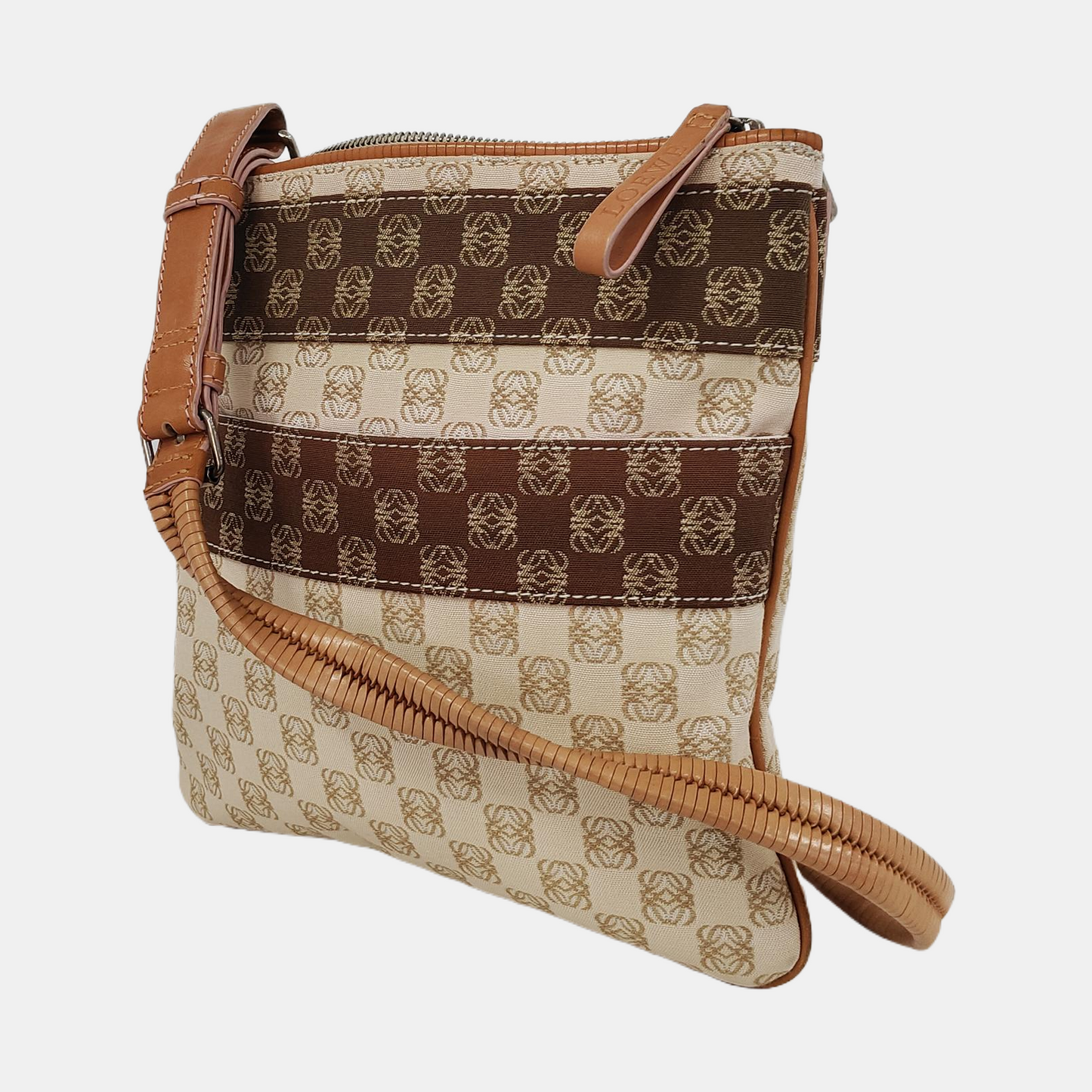 LOEWE Khaki canvas old flower floral single shoulder bag crossbody bag Silver Hardware Removable shoulder strap-(SKU)-944298233