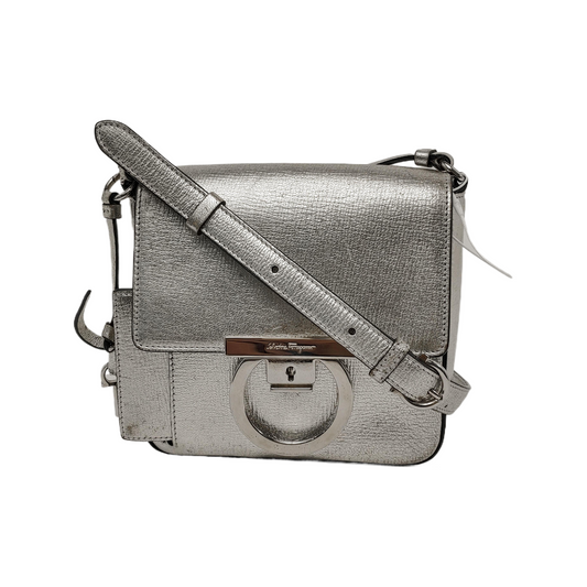 FERRAGAMO Silver Cowhide Crossbody Bag Shoulder Bag Silver Hardware-(SKU)-944296503