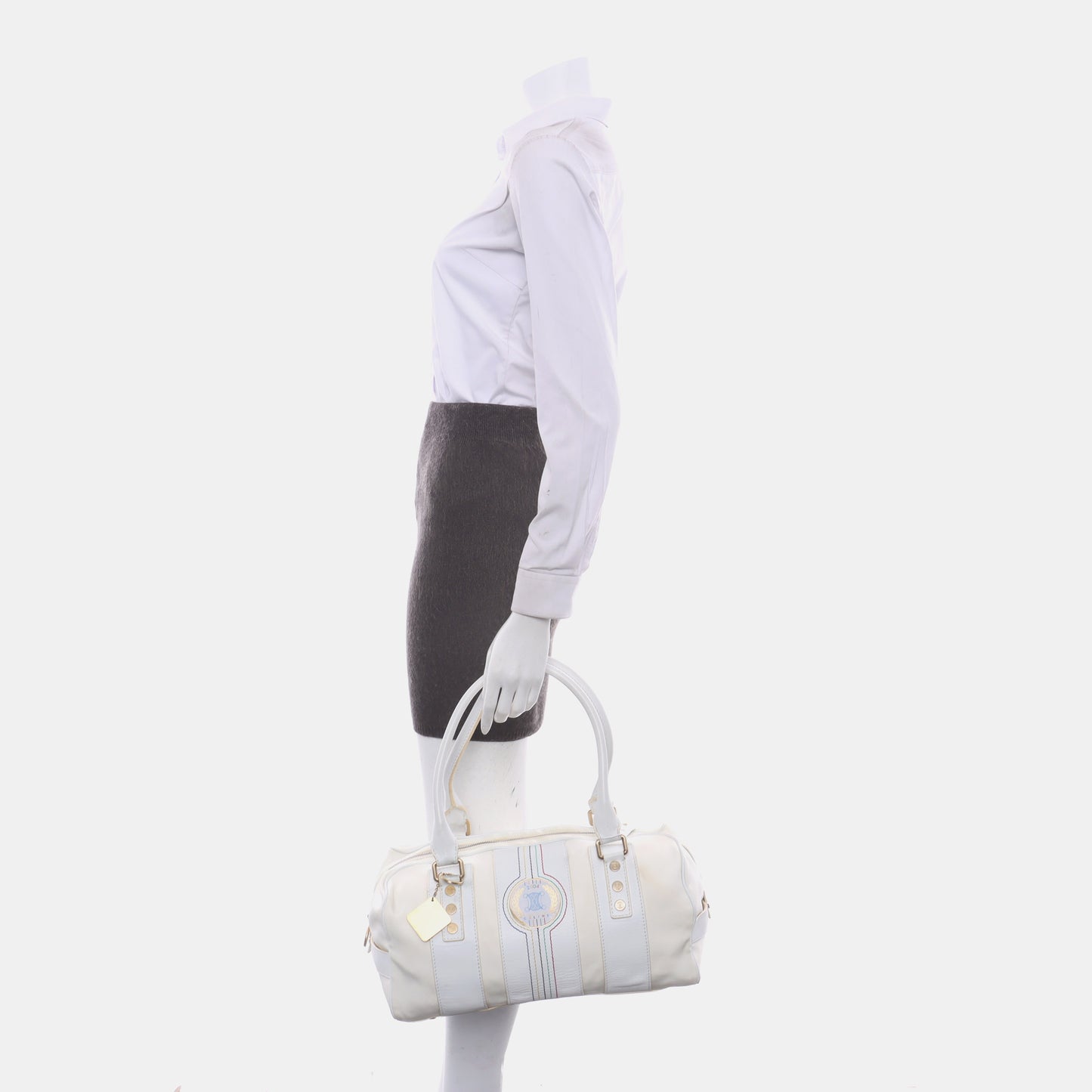 CELINE White Canvas Printed Single Shoulder Bag Handbag Golden hardware-(SKU)-13501989