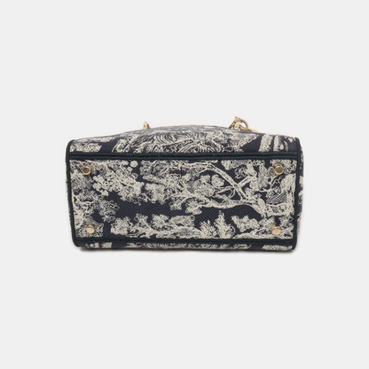 DIOR Lady D-Lite medium size blue fabric embroidered shoulder bag gold hardware detachable shoulder strap-(SKU)-934742654