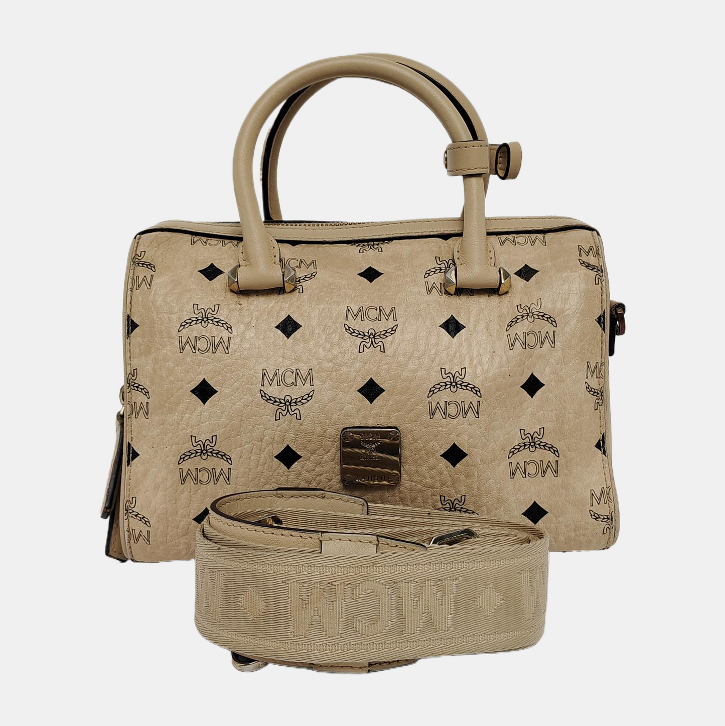 MCM ESSENTIAL Beige Coated Canvas Monogram Single Shoulder Bag Handbag Crossbody Golden hardware Removable shoulder strap-(SKU)-941521981