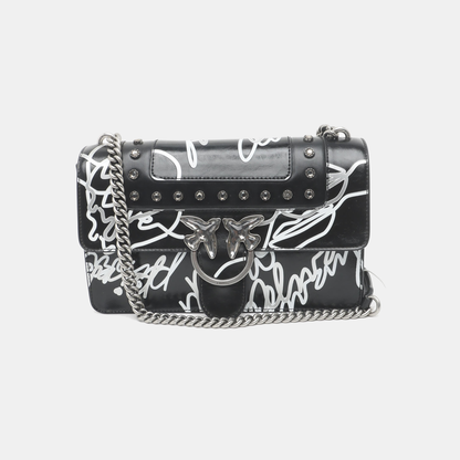 PINKO Mini Love Black Leather Stud Printed Crossbody Single Shoulder Bag Silver Hardware-(SKU)-936420003