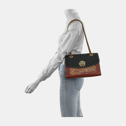 COACH PARKER 26 Black Calfskin Leather Monogrammed Stud Single Shoulder Bag with Crossbody Golden Silver Hardware-(SKU)-942966572