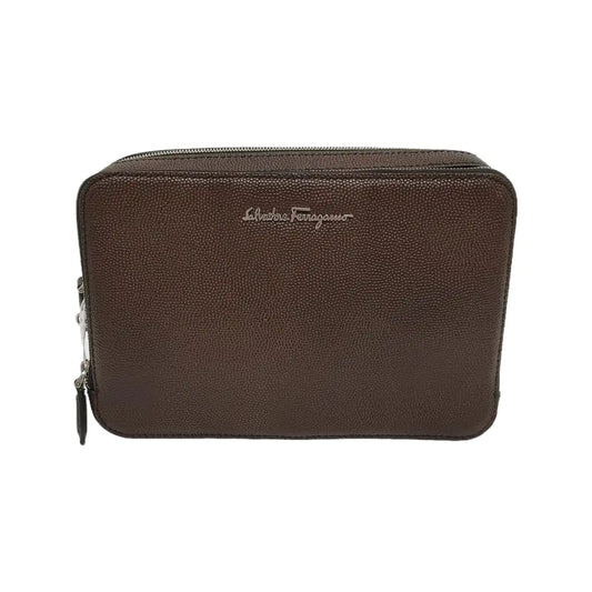 FERRAGAMO Dark Brown Leather Handbag Silver Hardware-(SKU)-940619981