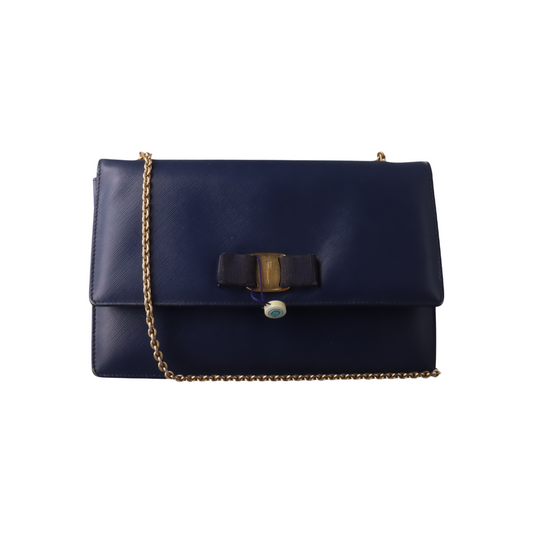 FERRAGAMO Ginny Blue Cowhide Crackle Crossbody Shoulder Bag Golden hardware-(SKU)-932733339