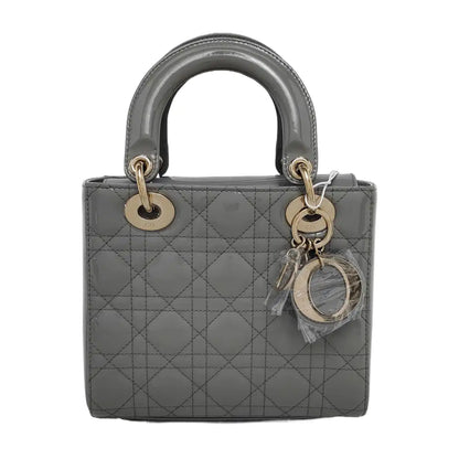 DIOR Lady Dior Small Size Blue Gray Patent Leather Cannage Quilted Diorella Shoulder Bag Tote Crossbody Bag with Detachable Strap-(SKU)-945787719